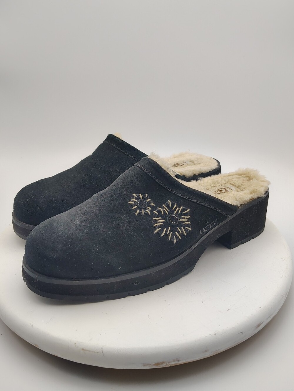 UGG Black Suede Shearling-Lined Clog With Flower Detail Size Women's 11